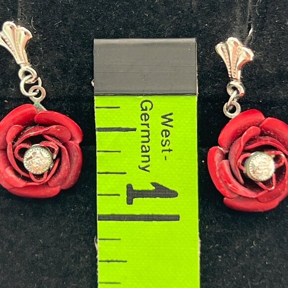 Handcrafted Red Rose Drop Earrings With Silver Accents & Clip-On Backs - Picture 5 of 7